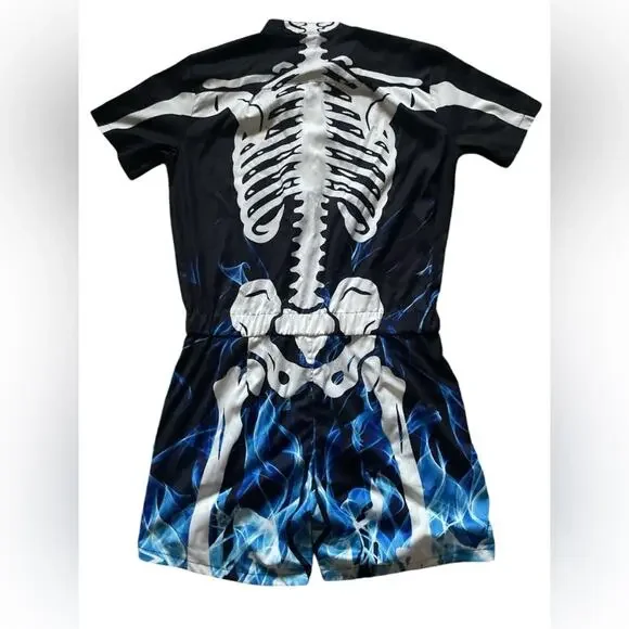 Skeleton Men’s Black and Blue Halloween costume one piece XL Romper day of dead - Picture 2 of 6